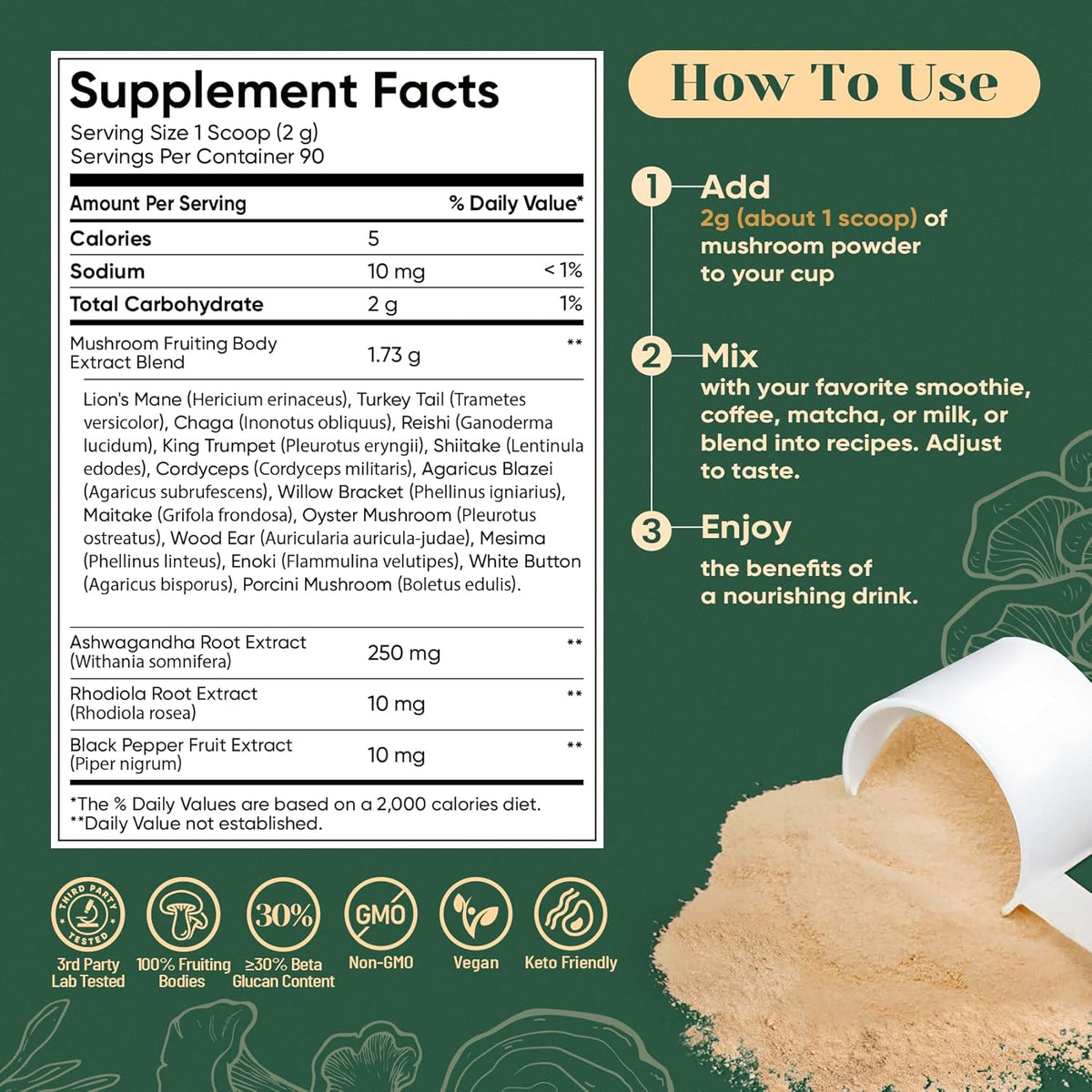 Venture Pal 16 in 1 Mushroom Powder 1730mg Adaptogenic Mushrooms Supplement | 100% Fruiting Body Coffee Alternative with Lion's Mane, Chaga, Reishi, Support Immune, Focus & Energy, 90 Servings