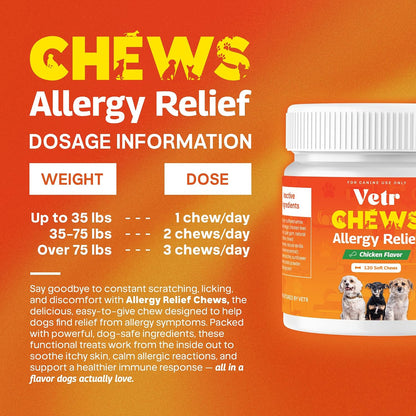 Vetr Allergy Relief Chews for Dogs - Dog Itching Skin Relief, Dog Allergy Treats with Probiotics and Omega-3 - Chicken Flavored 120 Count - Vet-Formulated in USA