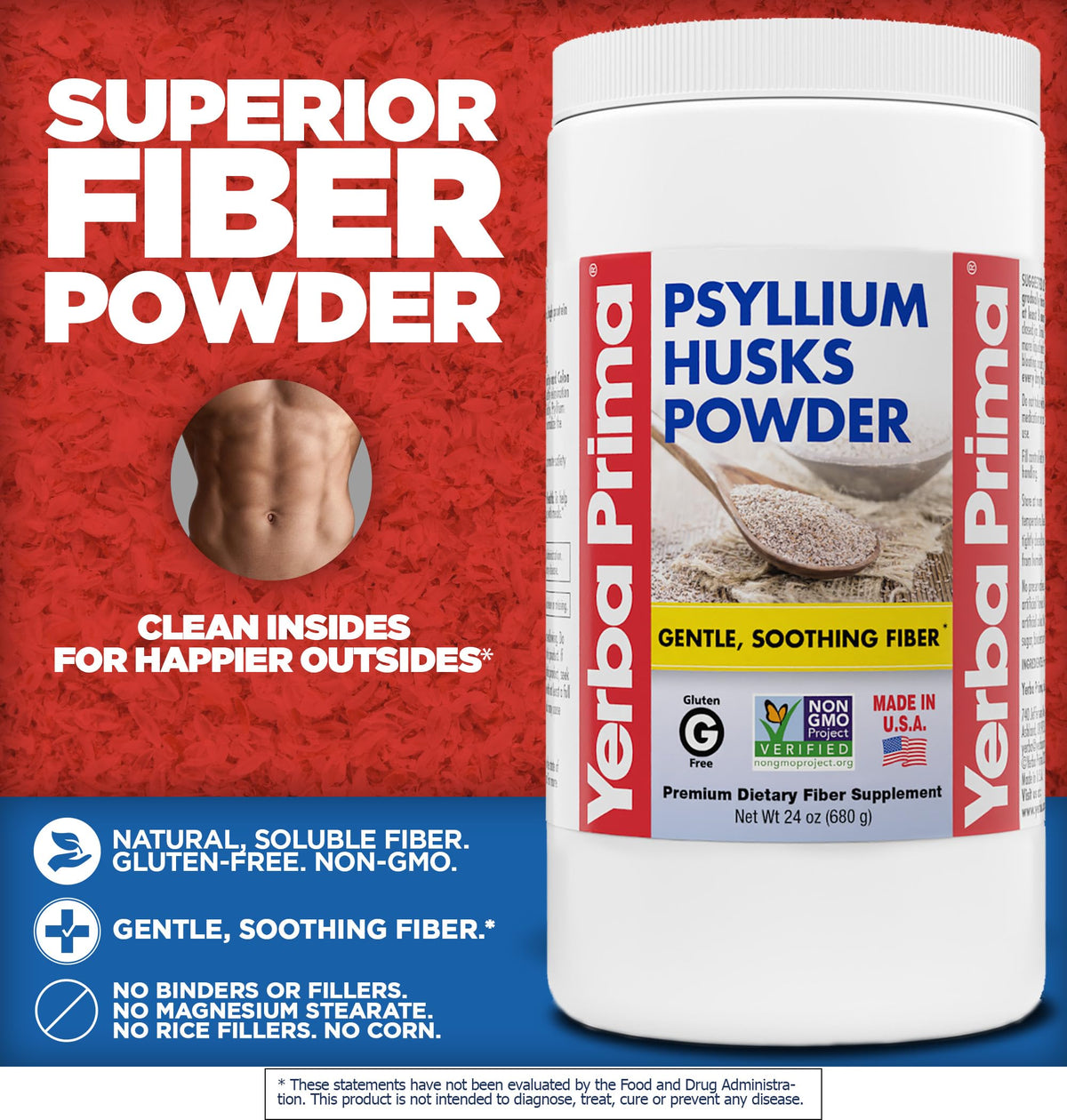 Yerba Prima Psyllium Husk Powder - 24 oz - Fine Ground, Unflavored, Sugar Free - Natural Fiber Supplement - Also for Baking - Contains Both Soluble & Insoluble Bulk for Regularity Support