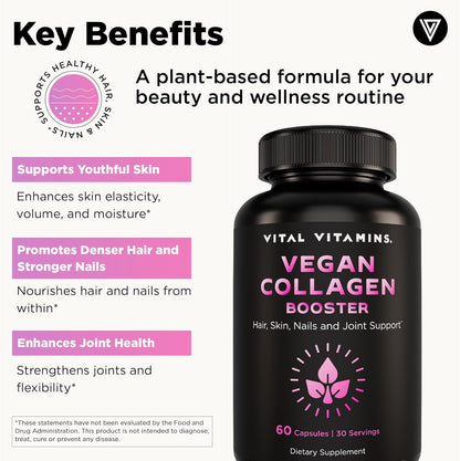 Vital Vitamins Vegan Collagen Booster Supplements, 60 Capsules | Supports Skin, Hair, Nails & Joints, Formulated with 30+ Superfoods, Hyaluronic Acid, Silica & Vitamin A, Non-GMO