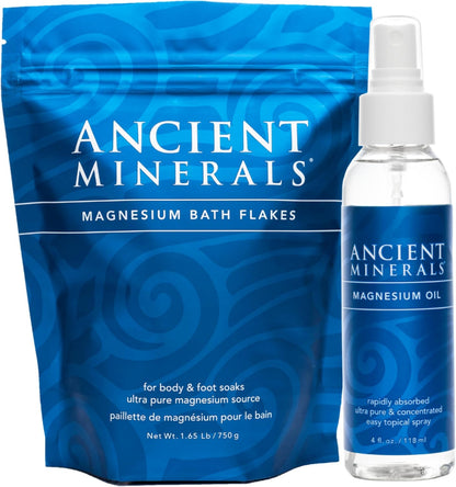 Ancient Minerals Magnesium Bath Flakes & Oil Spray Bundle, Zechstein | Zechstein magnesium chloride bundle: bath flakes for soaking + oil spray for topical use.