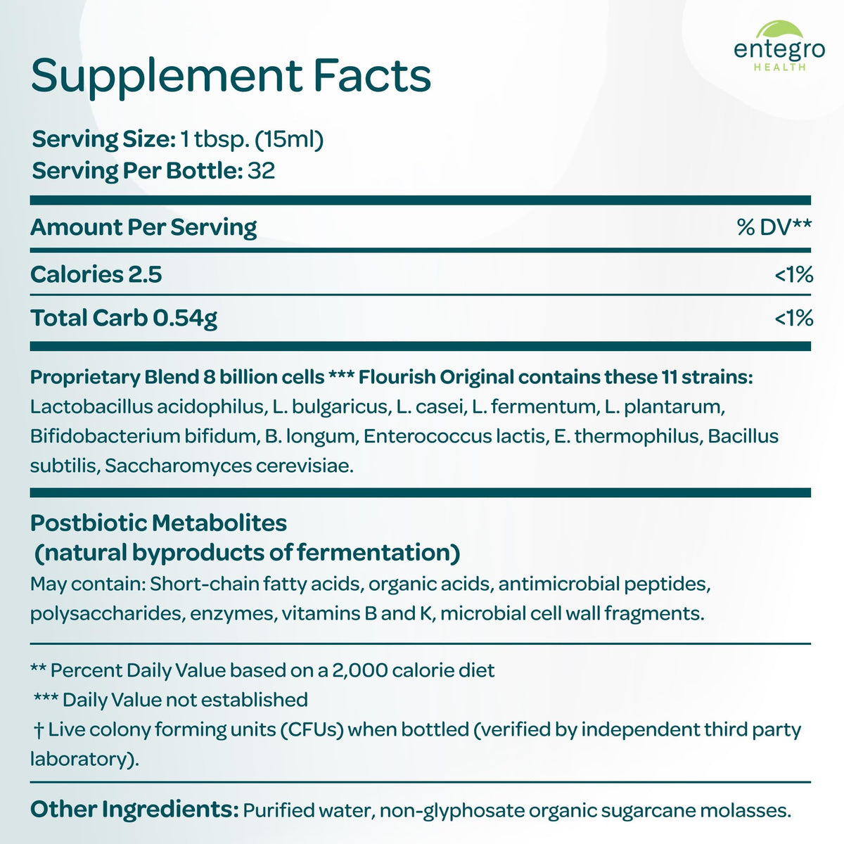 ENTEGRO Flourish Original Liquid Probiotic & Postbiotic Supplement, Plastic | 11 Live Cultures, Gut & Digestive Health For Women, Men & Kids, Organic, Vegan, Allergen Free, Non-GMO, USA Made, 16 fl oz