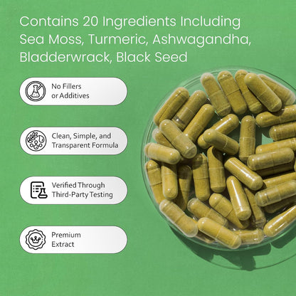 Sea Moss, Black Seed Oil, Bladderwrack, Turmeric, Ashwagandha, Burdock, Vitamin C, D3, Yellow Dock Root, Manuka, Dandelion - 90 Veggie caps
