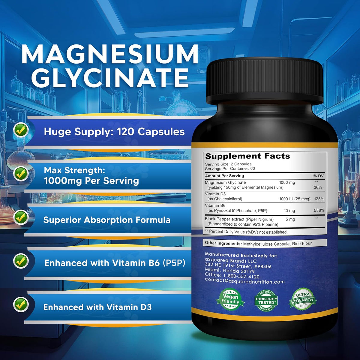 Glicinato de magnesio 1000mg con vitamina D3 y B6-500mg por cápsula - Suplemento complejo de magnesio elemental puro para el sueño, los músculos y la salud ósea - Reemplace gomitas, tabletas y polvo