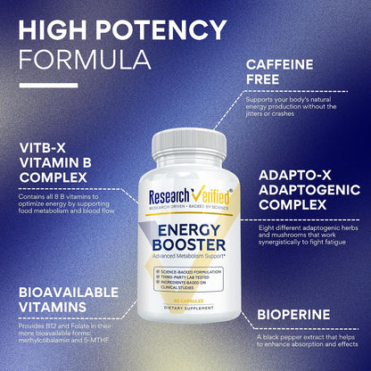 Research Verified Energy Booster - Natural Energy Support - 60 Capsules - Caffeine Free - B Vitamins and Adaptogens - 1 Month Supply
