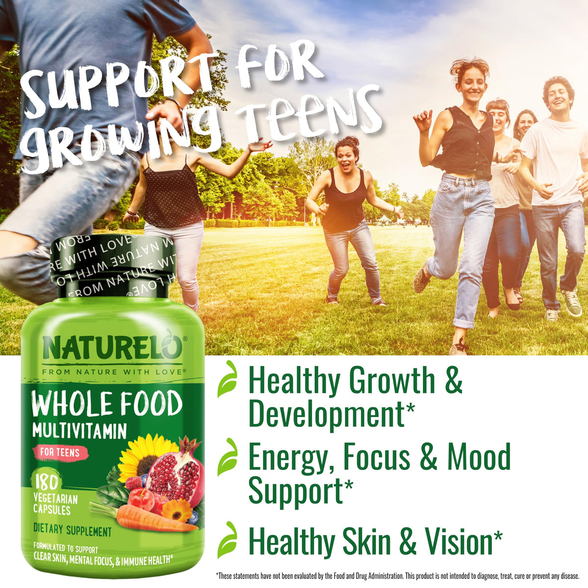 NATURELO Multivitamins for Teenage Girls/Boys, 180 Capsules, Whole Food Multivitamin with Minerals, Non-GMO, Vegetarian