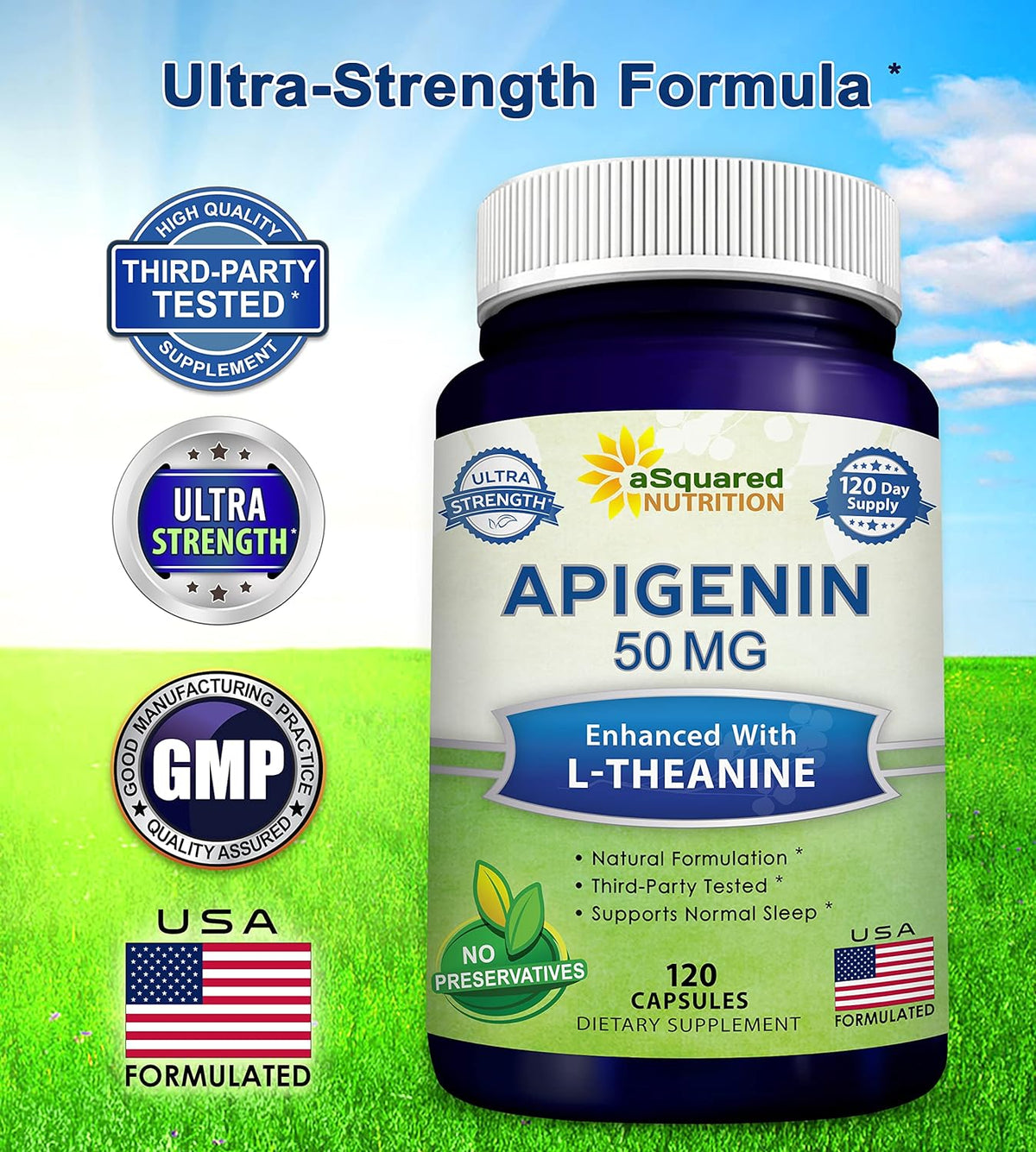 aSquared Nutrition Apigenin 50mg & L-Theanine 200mg - 120 Capsules - Apigenin Supplement Pills for Sleep and Relaxation - Natural Bioflavonoid Extract Found in Chamomile Tea | Apigenin Supplement Pills for Relaxation - Natural Bioflavonoid Extract Powder