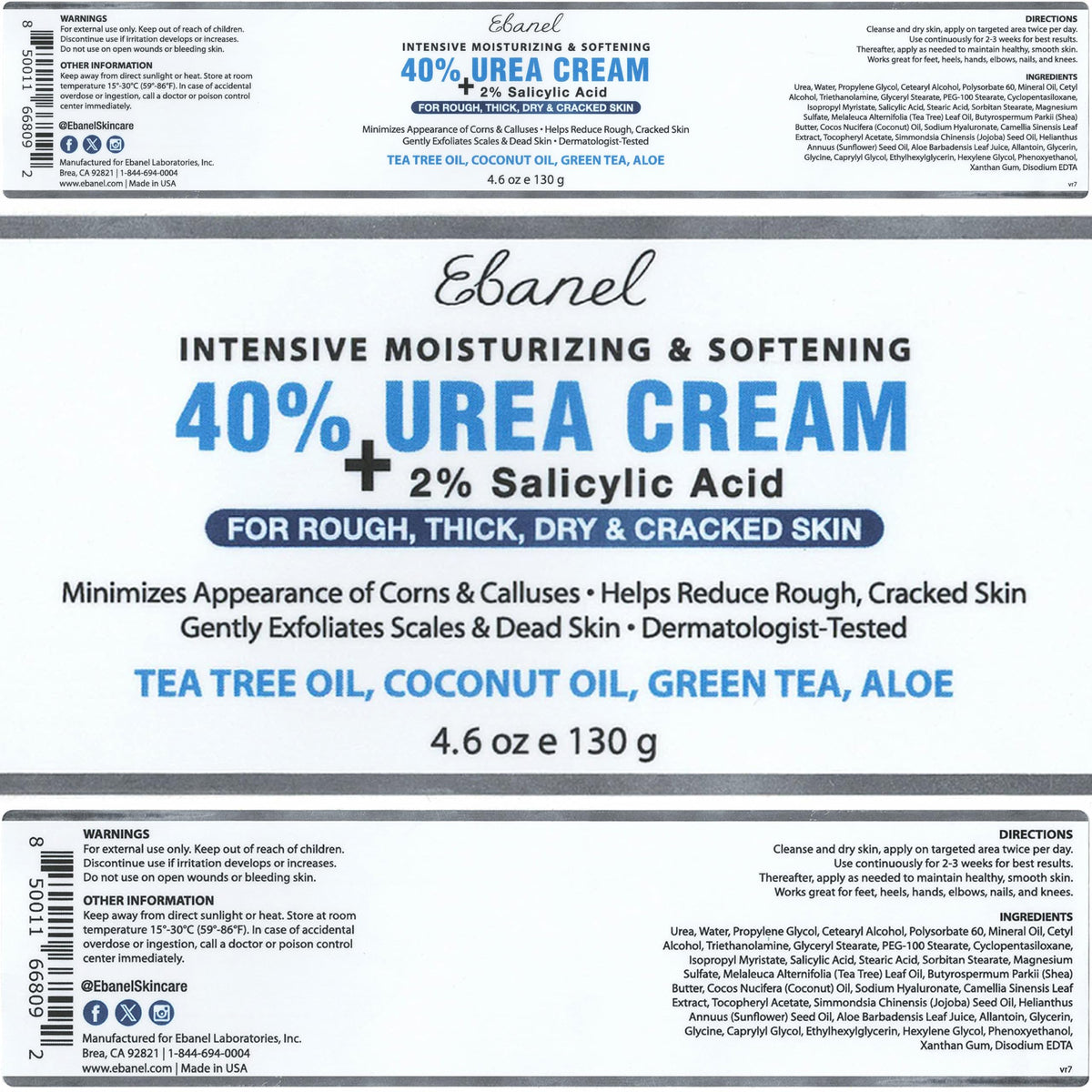 Ebanel Urea Cream 40% plus Salicylic Acid 2%, Foot Cream for Dry Cracked Heels Feet Knees Elbows Hands, Foot Dead Skin Cuticle Callus Remover Toenail Softener, Keratolytic Skin Barrier Repair, 3-Pack