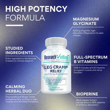Research Verified Leg Cramps - Magnesium, B Vitamins, Ginger, Chamomile, BioPerine - Circulation Support - Vegan - 1 Month Supply