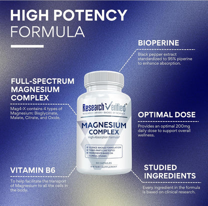 Research Verified Magnesium Complex - Brain, Muscle and Nerve Support - Magnesium Bisglycinate, Malate, Citrate, and Oxide - Bioperine - Vegan - 60 Capsules - Pack of 1