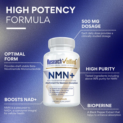 Research Verified NMN - Boost Cellular Energy, Support Healthy Aging & Vitality - 500mg Pure NMN - 60 Capsules - 1 Bottle