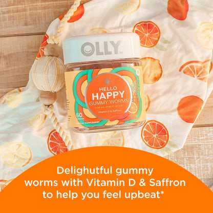OLLY Hello Happy Gummy Worms, Mood Support Gummies For Adults,* Saffron Extract, Vitamin D, Tropical Zing Flavored, 30 Day Supply - 60 Count