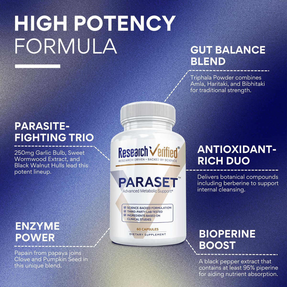 Research Verified Paraset - 120 Capsules - Natural Gut Health Enhancer - Garlic Bulb, Papain, Sweet Wormwood, Black Walnut, BioPerine - Vegan