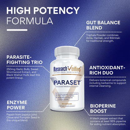 Research Verified Paraset - 120 Capsules - Natural Gut Health Enhancer - Garlic Bulb, Papain, Sweet Wormwood, Black Walnut, BioPerine - Vegan
