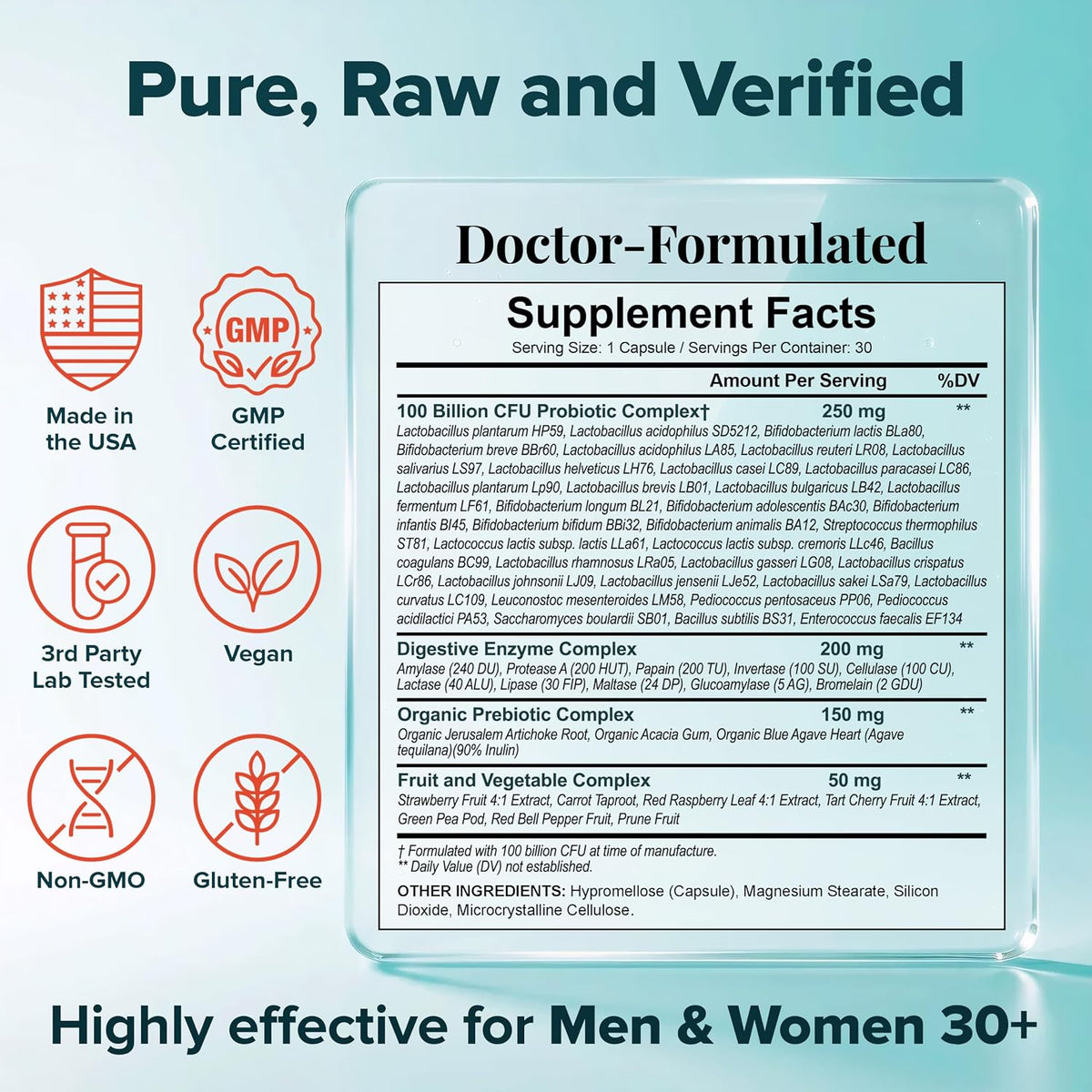 Wholesome Wellness Organic Raw Probiotics 100 Billion CFU, Dr Formulated for Women and Men, Complete Adult Supplement with Prebiotics and Digestive Enzymes; 30 Capsules, Shelf Stable