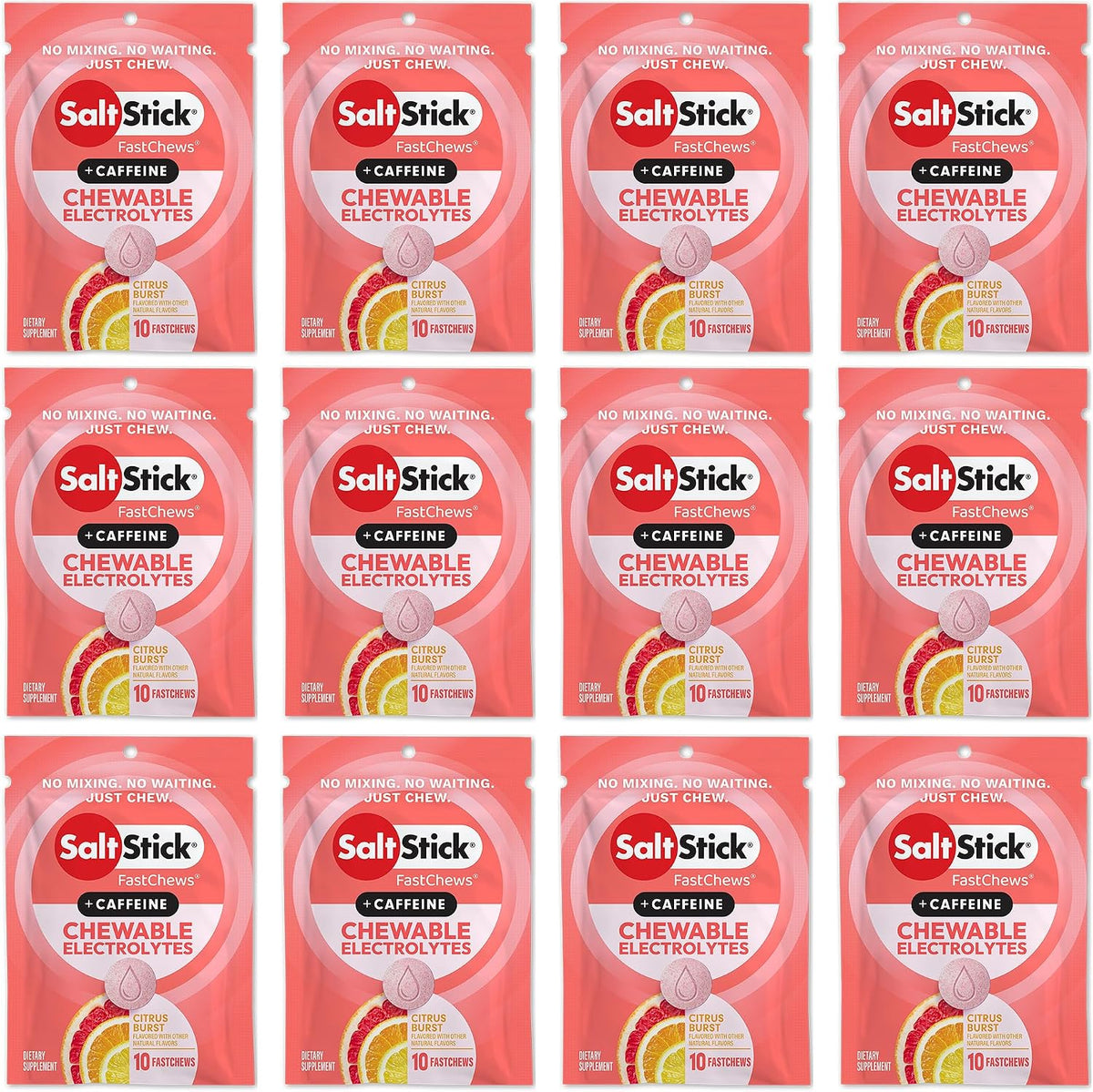 SaltStick Chewable Electrolytes with Caffeine - 120 Citrus Burst Chewable Tablets - Just Chew It, Electrolyte Chews for Hydration, Salt Chews - 12 Packets of 10 Tablets Each