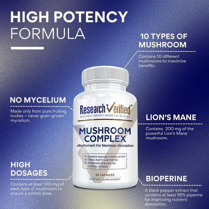 Research Verified Mushroom Complex - Support Immunity, Boost Antioxidants, Improve Cognitive Function - 10 Mushrooms Including Reishi, Maitake, and Shiitake - 60 Capsules - Vegan