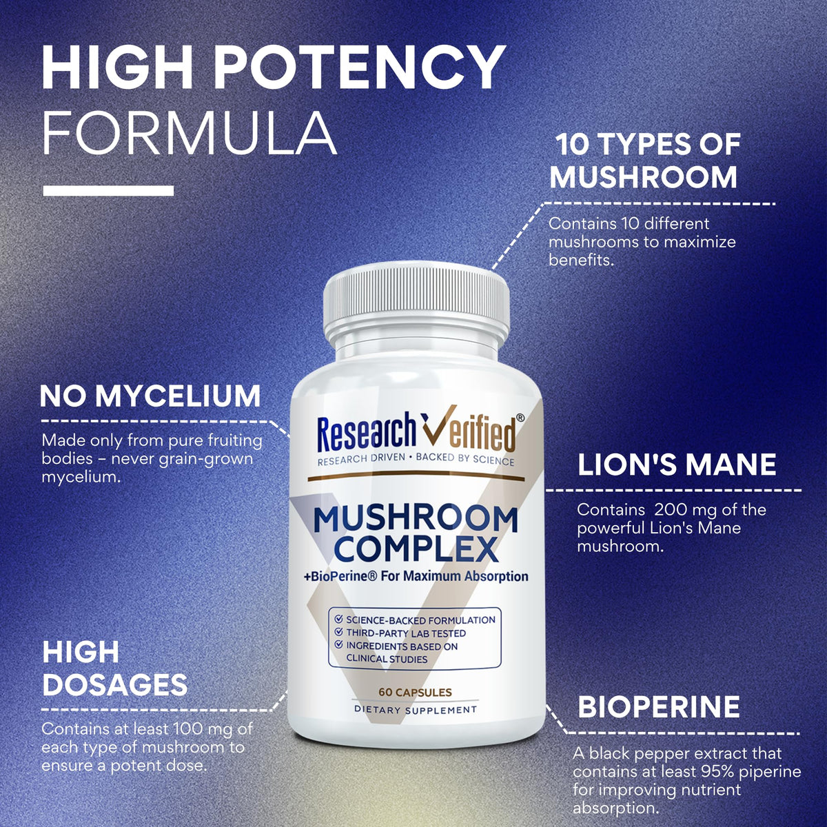Research Verified Mushroom Complex - Support Immunity, Boost Antioxidants, Improve Cognitive Function - 10 Mushrooms Including Reishi, Maitake, and Shiitake - 60 Capsules - Vegan