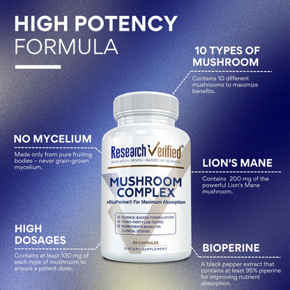 Research Verified Mushroom Complex - Support Immunity, Boost Antioxidants, Improve Cognitive Function - 10 Mushrooms Including Reishi, Maitake, and Shiitake - 60 Capsules - Vegan