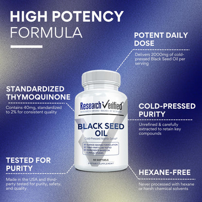 Research Verified Black Seed Oil - 60 Softgels - Boost Immunity, Support Digestion, Improve Respiratory Function - Cold-Pressed - 2% Thymoquinone (TQ)