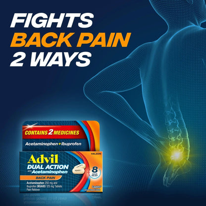 Advil Dual Action Back Pain Caplets Delivers 125mg Ibuprofen and 250mg Acetaminophen Per Dose for 8 Hours of Back Pain Relief - 144 Count - PrimeBioHealth - canada supplements