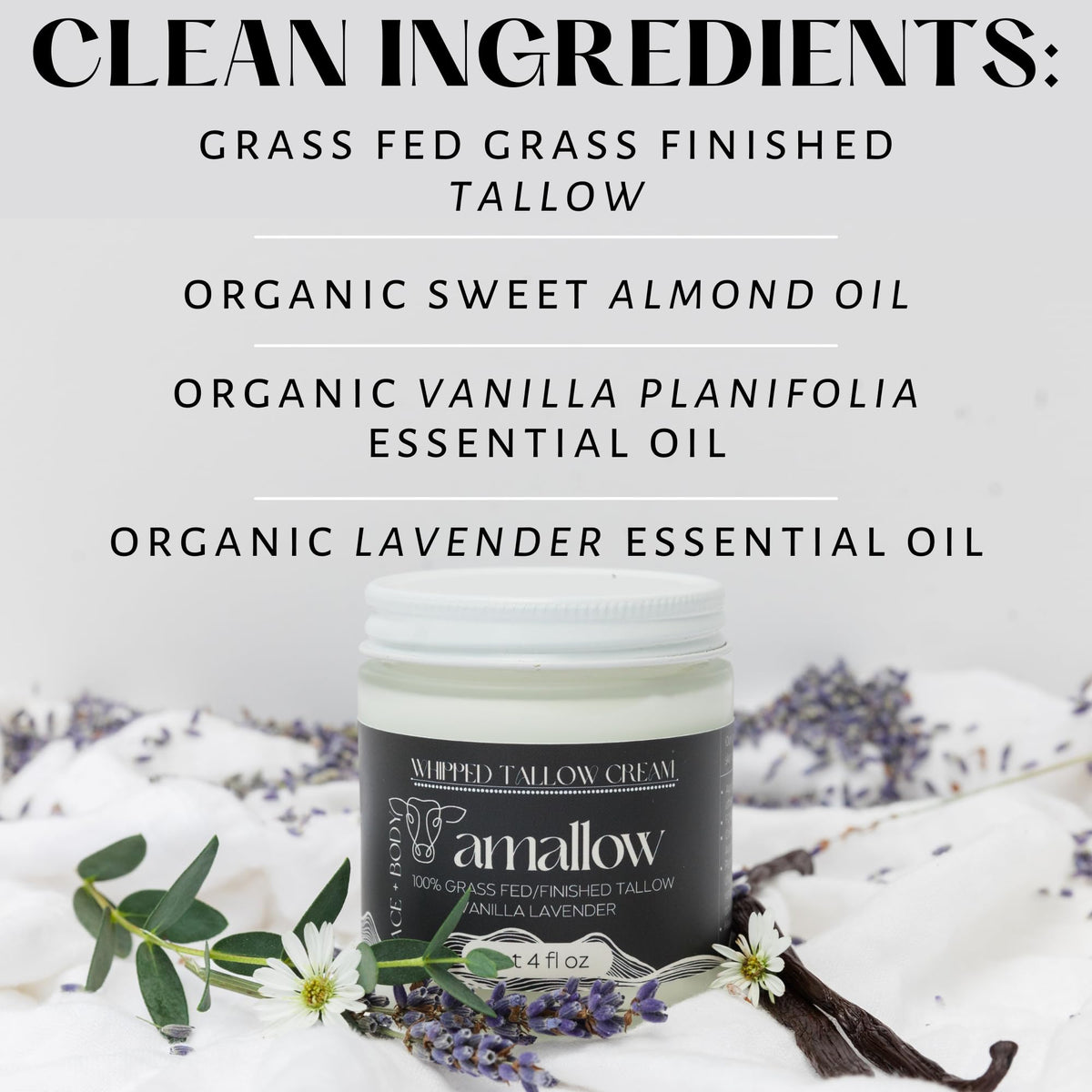 Amallow 100% Grass Fed Beef Tallow for Skin Care - Face + Body - Whipped Moisturizer - Natural Lotion, 4 FL. oz. (Vanilla Lavender) - PrimeBioHealth - canada supplements