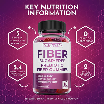 Atlantis Nutrition Sugar Free Fiber Gummies for Adults - 5G Fiber Supplement Formulated with 5.4G Prebiotic Digestive Blend/Serving - Supports Gut Health & Healthy Digestion - PrimeBioHealth - canada supplements