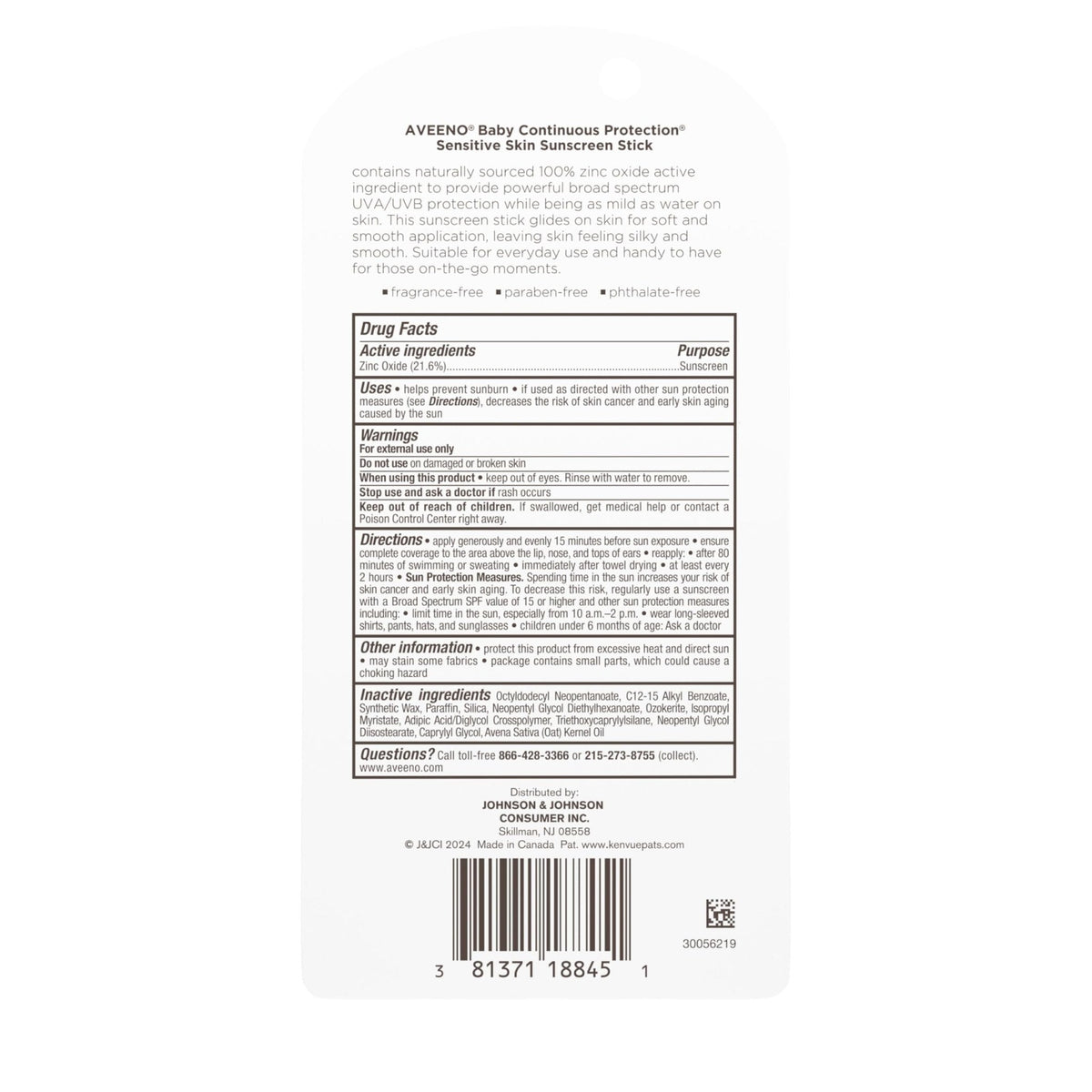 Aveeno Baby Continuous Protection Mineral Sunscreen Stick for Sensitive Skin with Broad Spectrum SPF 50 Protection for Face & Body - PrimeBioHealth - canada supplements