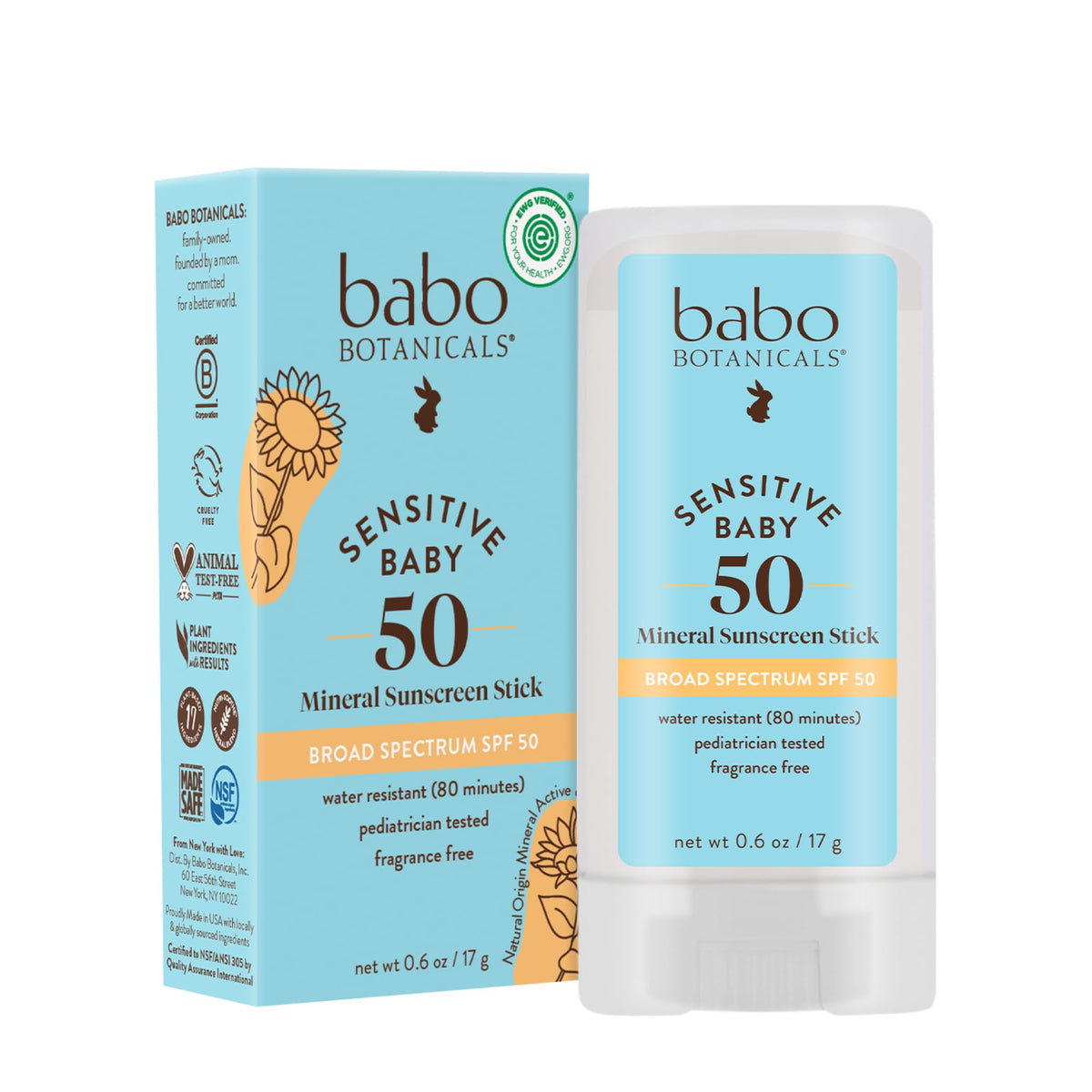 Babo Botanicals Sensitive Baby Mineral Sunscreen Stick SPF 50 - 70% Organic Ingredients - Zinc Oxide - NSF & MADE SAFE and EWG Certified - PrimeBioHealth - canada supplements