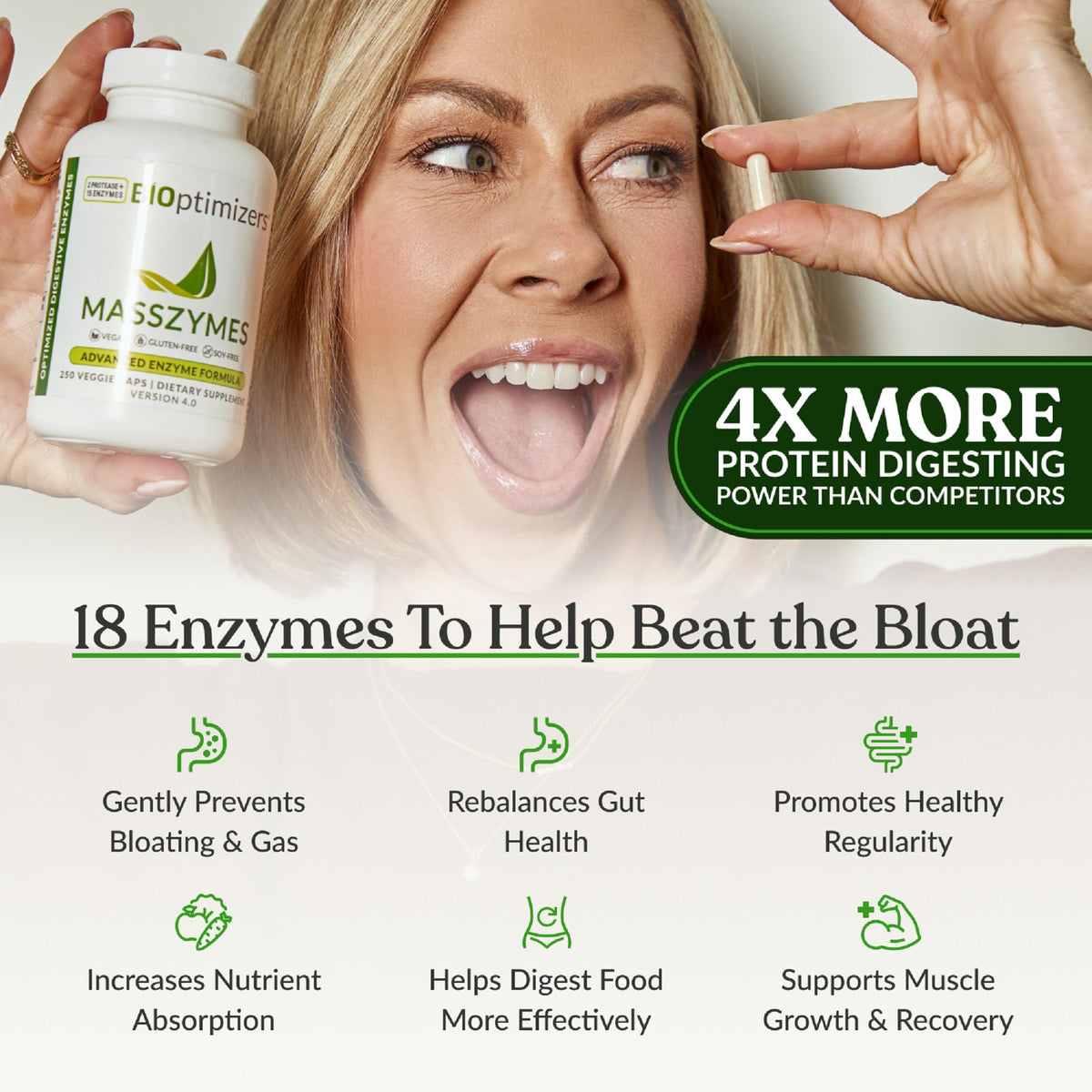 BIOptimizers MassZymes - Complete Digestive Enzymes Supplement for Gut Health - Bloating Relief for Men and Women - Lipase Amylase Bromelain Digestive Enzymes (30 Capsules) - PrimeBioHealth - canada supplements