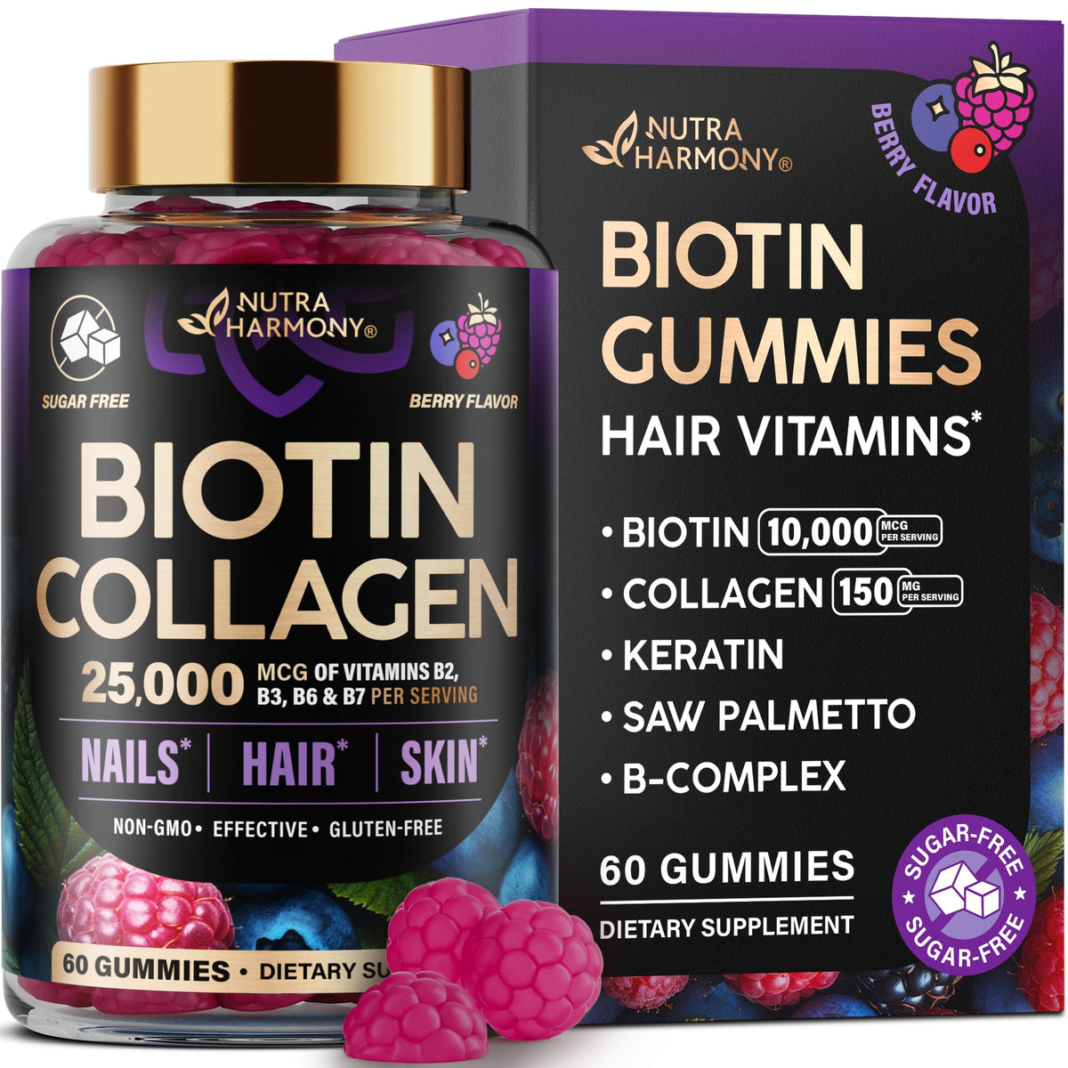 Biotin Gummies with Collagen - Hair Growth Support Skin, & Nail Strength - for Women & Men - Biotin 10000mcg | Keratin | Hyaluronic Acid | B-Complex | Saw Palmetto - PrimeBioHealth - canada supplements