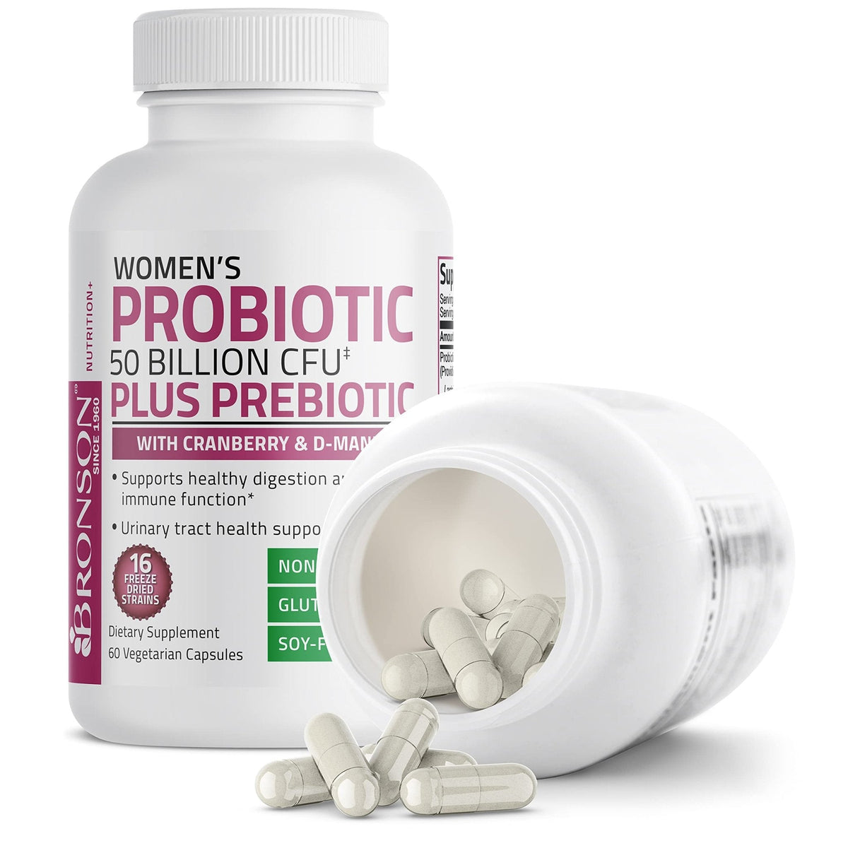 Bronson Women's Probiotic 50 Billion CFU + Prebiotic with Cranberry & D-Mannose – Vaginal Health, Healthy Digestion, Immune Function and Urinary Tract Support, Non-GMO, 60 Vegetarian Capsules - PrimeBioHealth - canada supplements