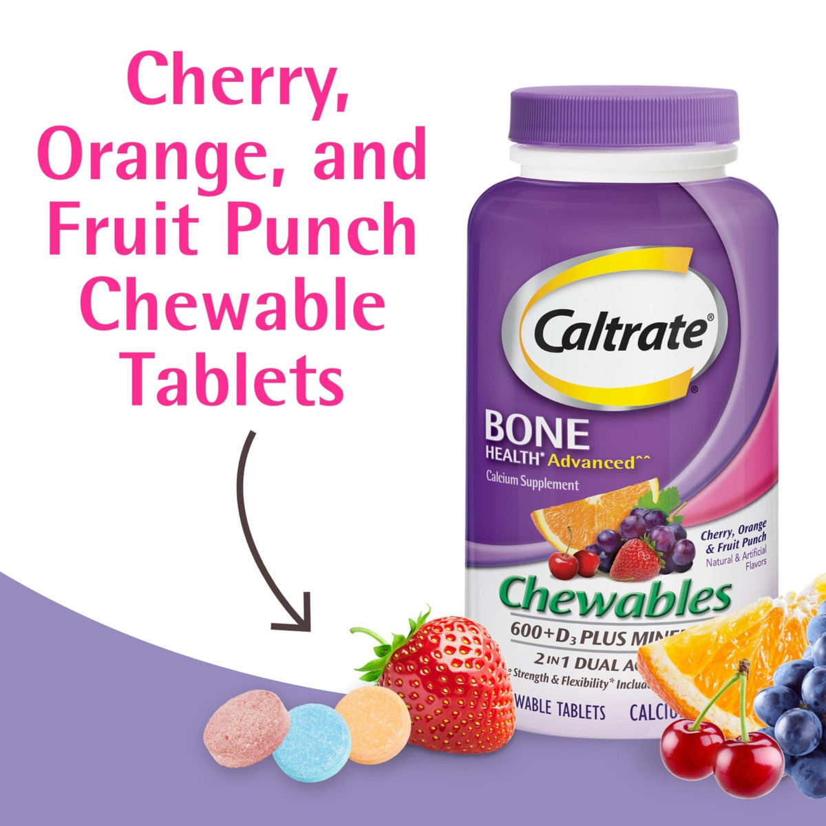 Caltrate Chewables 600 +D3 Plus Minerals Calcium and Vitamin D, Sugar Free, Cherry, Orange and Fruit Punch, 155 count - PrimeBioHealth - canada supplements