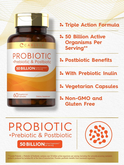 Carlyle Probiotic for Women and Men | 50 Billion CFU | 60 Capsules | Plus Prebiotic and Postbiotic | Complex Supplement | Vegetarian, Non-GMO, and Gluten Free - PrimeBioHealth - canada supplements