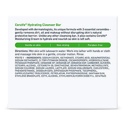 CeraVe Hydrating Cleanser Bar, Soap-Free Body and Facial Cleanser with 5% Moisturizing Cream, Fragrance-Free, 2-Pack, 4.5 Ounce Each - PrimeBioHealth - canada supplements