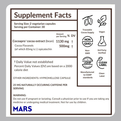 CocoaVia Cocoa Flavanols 500mg – Heart & Brain Support Supplement, High Flavanol Cocoa, Blood Circulation & Memory Booster, Nitric Oxide, Energy & Oxygen Boost, Vegan, Gluten-Free, 60 Capsules - PrimeBioHealth - canada supplements