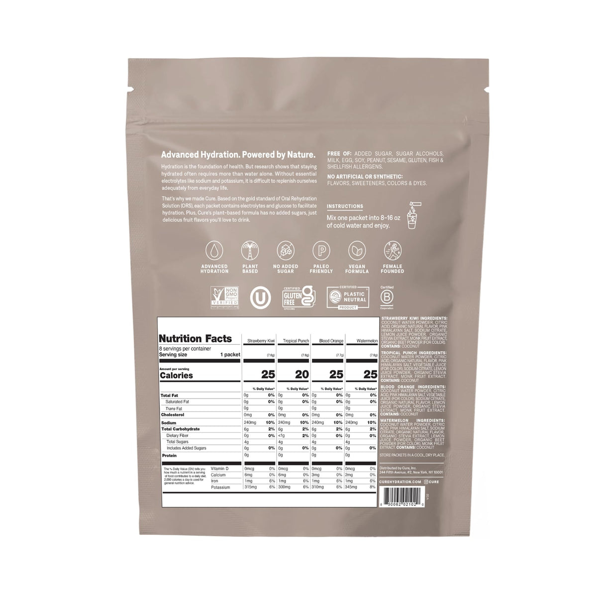 Cure Hydration | Plant-Based Electrolyte Drink Mix | No Added Sugar | FSA-HSA | Dehydration Relief Powder Made with Coconut Water | Non-GMO | Vegan - PrimeBioHealth - canada supplements