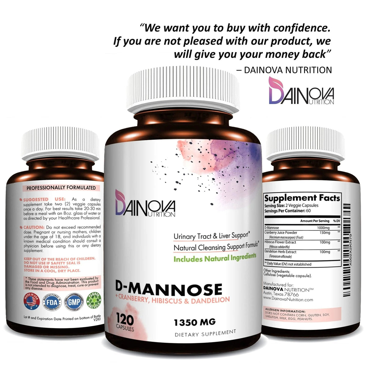 Dainova D Mannose 1350mg with Cranberry I D-Mannose Capsules for UTI Prevention, Urinary Tract Support, Urinary Tract Health for Women, & Cleanse. W/Hibiscus & Dandelion, 120 Veggie Capsules - PrimeBioHealth - canada supplements