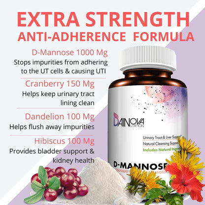 Dainova D Mannose 1350mg with Cranberry I D-Mannose Capsules for UTI Prevention, Urinary Tract Support, Urinary Tract Health for Women, & Cleanse. W/Hibiscus & Dandelion, 120 Veggie Capsules - PrimeBioHealth - canada supplements