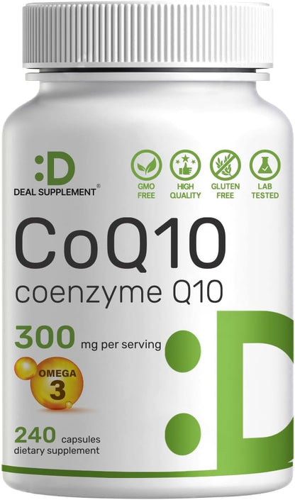 DEAL SUPPLEMENT CoQ10 300mg with Omega 3 100mg, 240 Capsules | Bioavailable Coenzyme Q10 Formula | Supports Heart, Energy & Brain Health | Antioxidant Support | Non-GMO - PrimeBioHealth - canada supplements
