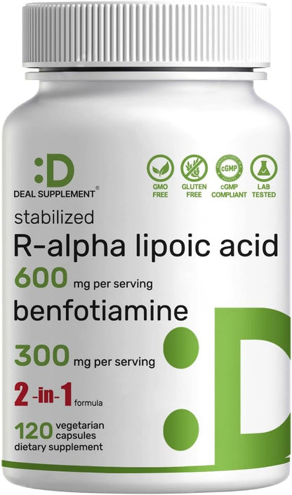 DEAL SUPPLEMENT R Alpha Lipoic Acid 600mg with Benfotiamine 300mg Per Serving, 120 Veggie Capsules – 200mg R-ALA Per Capsule – Antioxidant Supplement for Energy & Nervous System Support - PrimeBioHealth - canada supplements
