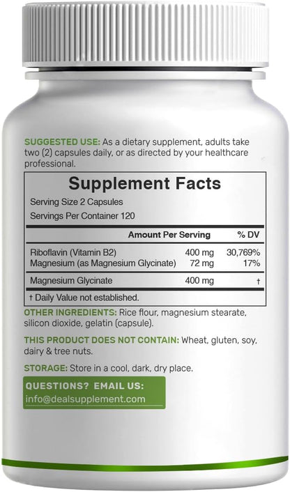 DEAL SUPPLEMENT Vitamin B2 400mg (Riboflavin) | with Magnesium Glycinate 400mg, 240 Capsules – 2 in 1 Support Healthy Nervous System, Mood, Blood & Energy Production, Non-GMO - PrimeBioHealth - canada supplements