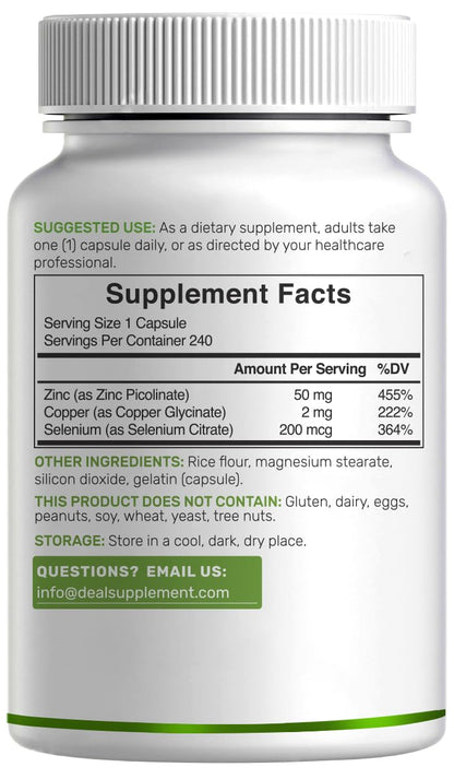 Deal Supplement Zinc 50mg with Selenium + Copper, 240 Capsules, 8 Month Supply, 3 in 1 Mineral Formula, Zinc Picolinate Complex Supplement - PrimeBioHealth - canada supplements