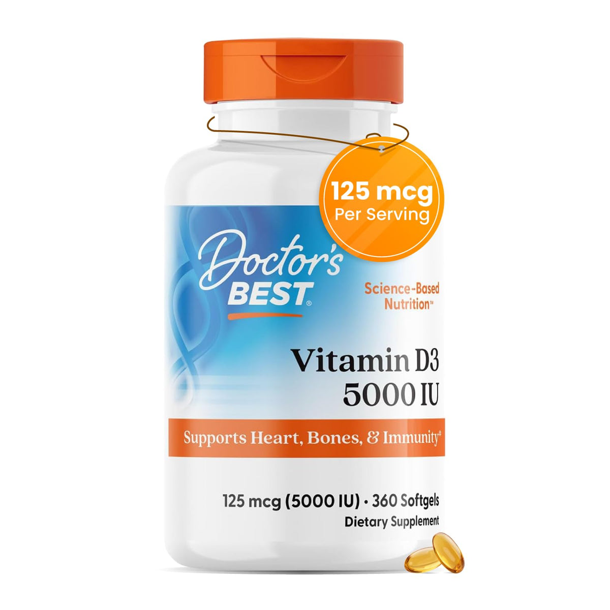 Doctor's Best Vitamin D3 5000 IU Softgels for Men & Women - Vitamin D Supplement for Immune System & Heart Health Support, 125 mcg per Serving, Vit D 3, Non GMO, Gluten Free, Soy Free - 360 Softgels - PrimeBioHealth - canada supplements