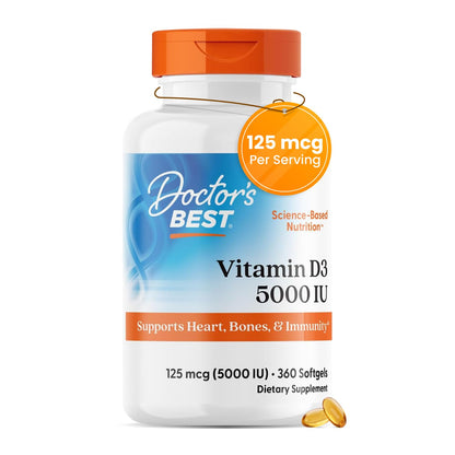 Doctor's Best Vitamin D3 5000 IU Softgels for Men & Women - Vitamin D Supplement for Immune System & Heart Health Support, 125 mcg per Serving, Vit D 3, Non GMO, Gluten Free, Soy Free - 360 Softgels - PrimeBioHealth - canada supplements