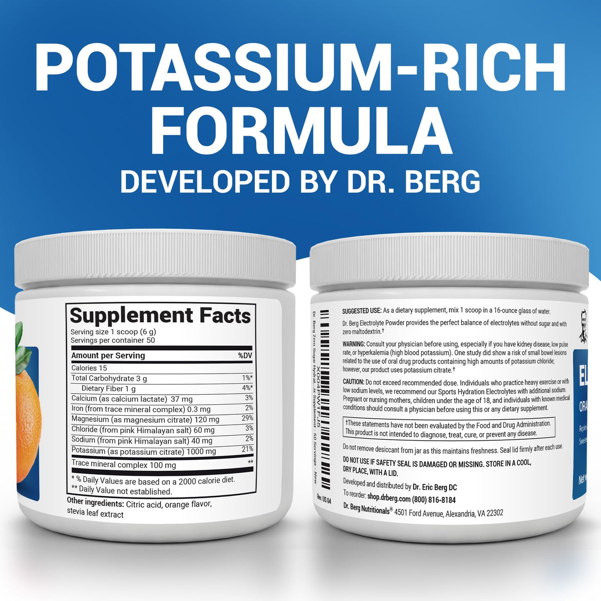 Dr. Berg Zero Sugar Hydration Keto Electrolyte Powder - Enhanced w/ 1000 mg of Potassium & Real Pink Himalayan Salt (NOT Table Salt) - Orange Flavor Hydration Drink Mix Supplement - 50 Servings - PrimeBioHealth - canada supplements