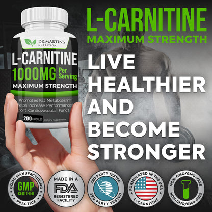 DR. MARTIN'S NUTRITION Extra Strength L-Carnitine - 200 Capsules - 1000mg Per Serving - Boost Your Metabolism and Increase Performance - PrimeBioHealth - canada supplements