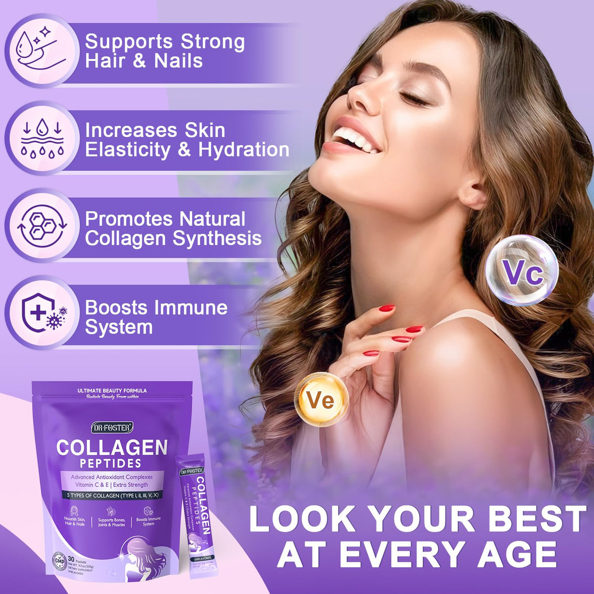 DRFOSTER Collagen-Peptides-Powder-Packets - Multi Type I II III V X Collagen for Women with Antioxidant Blend + Vitamin C & E for Skin, Hair, Nail & Joint, Non-GMO, 30 Stick Packs - PrimeBioHealth - canada supplements