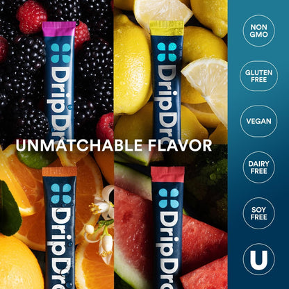 DripDrop Hydration Packets - Bold Variety Pack - Single Serve Electrolytes Powder Drink Mix - Watermelon, Berry, Lemon, Orange - PrimeBioHealth - canada supplements