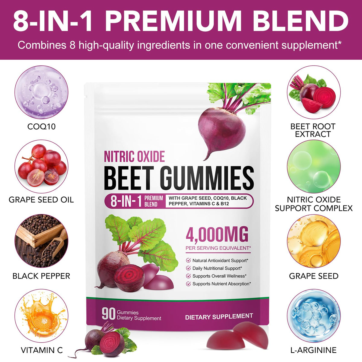 ECHTEYUN Super Beetroot Gummies, 8 in 1 Beet Root 4,000mg with Grape Seed Extract & CoQ10, Sugar Free - 90 Count (1) - PrimeBioHealth - canada supplements